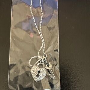 Silver Heart Lock & Key Pendant Necklace - Rhinestone Accent